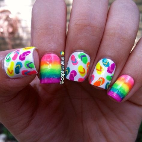 neon rainbow flip flops. Photo by captain8bit on instagram Flip Flop Nails, Inspirational Nails, Summer Nails Neon, Beach Themed Nails, Beach Nail Art, Beach Nail Designs, The Ray, Nail Polish Art, Vacation Nails