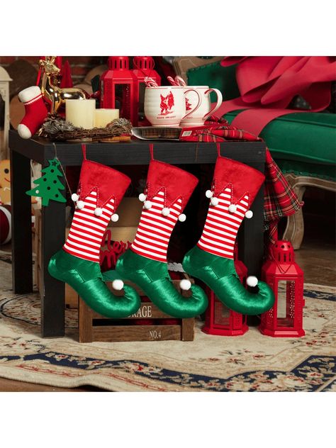 1pc Christmas  Stocking Gift Bag Candy Holder Xmas Tree Hanging DecorationI discovered amazing products on SHEIN.com, come check them out! Elf Socks, Xmas Fireplace, Elf Stocking, Christmas Stocking Gifts, Holiday Tree Decorations, Santa's Workshop, Hanging Stockings, Stocking Gifts, Elf Christmas