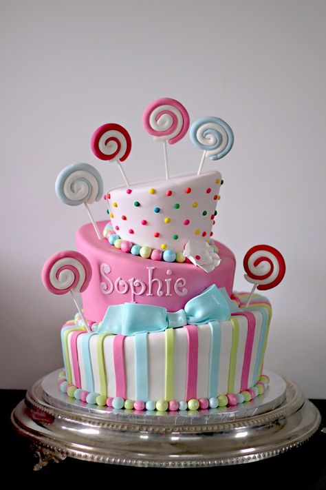 The Couture Cakery - Candy Theme Bat Mitzvah cake Topsy Turvy Cake, Candyland Cake, Lollipop Cake, Candy Birthday Cakes, Candy Cakes, Candy Theme, Baby Birthday Cakes, Crazy Cakes