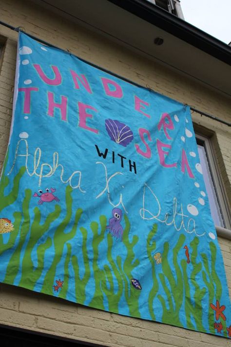 Under the Sea with the Xi's -- Bid Day 2014 banner! Sorority Themes, Spring Recruitment, Sorority Banner, Theta Phi Alpha, Sorority Sugar, Delta Sorority, Bid Day Themes, Alpha Xi Delta, Alpha Xi