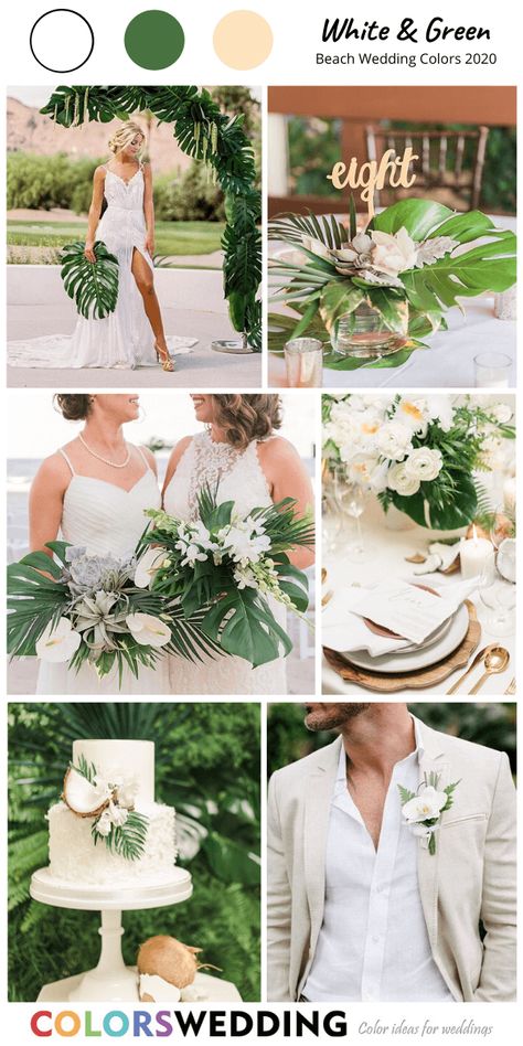 Wedding Bouquets Green And Gold, Wedding Colors Tropical, Toasted Coconut Wedding Colors, Green And Gold Beach Wedding, Sage Green Tropical Wedding, Green Beach Wedding Theme, Tropical Wedding Palette, Coconut Shell Decoration, Tropical Green Wedding