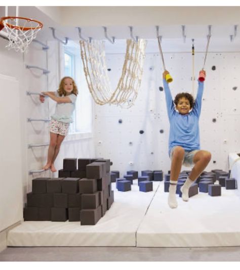 Rock Climbing Playroom, Basement Foam Pit, Playroom Foam Pit, Rich Playroom, Indoor Foam Pit, Diy Active Playroom, Playroom Monkey Bars, Brainrich Kids Playroom, Home Sensory Gym