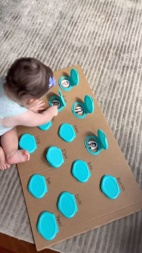 Myriam Sandler | Wipe lids are my favorite item to repurpose 🤗. Save them!! Baby Ariana loved this family board and now toddler Ariana loves it even more… | Instagram Baby Development Activities, Baby Sensory Play, Baby Play Activities, Baby Learning Activities, Chicken Healthy, Family Board, Baby Activities, Games For Toddlers, Toddler Fun