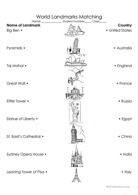 World Landmarks Triple Match worksheet - Free ESL printable worksheets made by teachers World Geography Map, Map Skills Worksheets, World Landmarks, Geography Worksheets, Geography For Kids, Geography Activities, History Worksheets, Map Worksheets, 6th Grade Social Studies