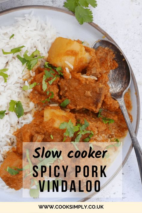 If you're a spicy curry fan, then you have to try this easy pork vindaloo. This is a tangy and comforting recipe which really packs a punch. And even better, you only have to throw all the ingredients into a slow cooker... Crock pot recipes don't come easier than this. With inspiration from Goa, this slow cooker curry is super spicy and super tasty. #cooksimplyathome Pork Curry Recipes Slow Cooker, Pork Vindaloo Recipe, Slow Cooker Curry Recipes, Pork Vindaloo, Vindaloo Curry, Vindaloo Recipe, Slow Cooker Curry, Pork Curry, Spicy Curry