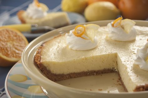 Sunshine Cheesecake | MrFood.com Butterscotch Cheesecake Recipe, Butterscotch Cheesecake, Butterscotch Desserts, Lemon Icebox Pie, Coconut Dessert, Icebox Pie, Gateaux Cake, Healthy Dessert, Cheese Recipes