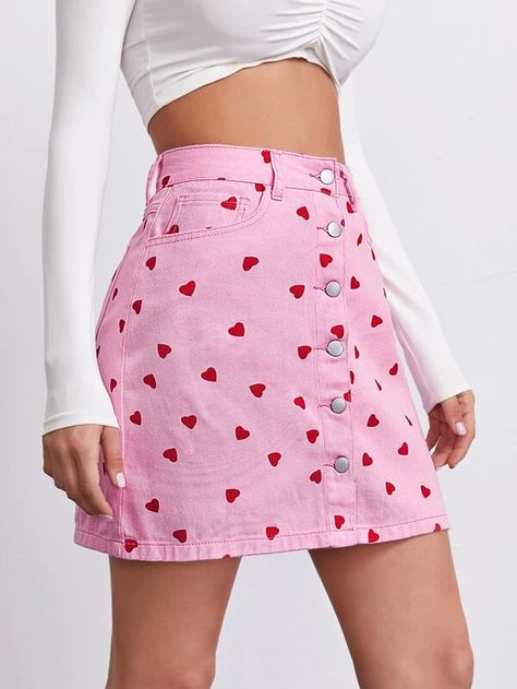 Button Front Allover Heart Print Denim Skirt | SHEIN Lovecore Fashion, Denim Skirt Outfit, Denim Skirt Outfits, Heart Clothes, Print Denim, Denim Skirt Women, Denim Skirts, Skirt Outfit, Printed Denim