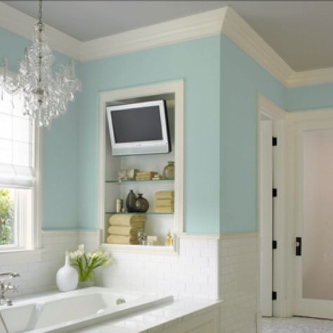 tv over the bathtub... Please tell me it's a jacuzzi tub! Transitional Paint Colors, Big Houses Interior, Tub Remodel, Tv In Bathroom, Bathroom Plan, Grey Paint Colors, Interior Painting, Friday Favorites, Room Shelves