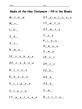 Fill in the blanks for each book of the New Testament with this printable handout (1 page). Books include: Matthew, Mark, Luke, John, Acts, Romans, 1 Corinthians, 2 Corinthians, Galatians, Ephesians, Philippians, Colossians, 1 Thessalonians, 2 Thessalonians, 1 Timothy, 2 Timothy, Titus, Philemon, He... New Testament Games, What Each Book Of The Bible Is About, Sunday School Worksheets, Bible Study Activities, New Testament Books, Bible Worksheets, Bible Quiz, Bible College, Bible Activities For Kids