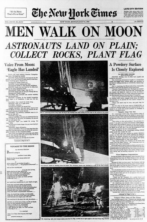 New York Times Newspaper, Apollo Space Program, Newspaper Layout, Newspaper Front Pages, Times Newspaper, Michael Collins, Newspaper Headlines, Historical Newspaper, Vintage Newspaper