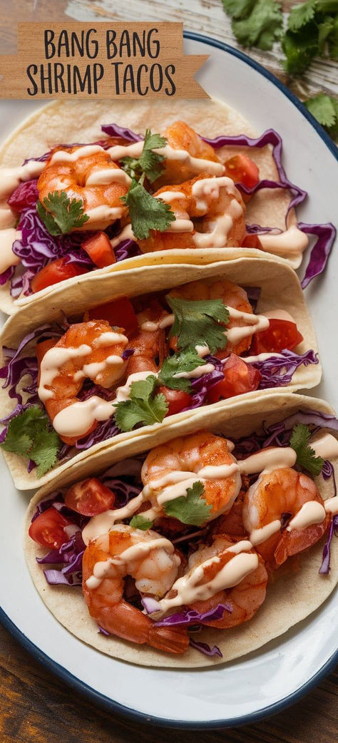 Bang Bang Shrimp Tacos: crispy, tender shrimp tossed in a creamy, spicy sauce, all wrapped in soft tortillas with fresh toppings. A bold and flavorful taco that’s perfect for a quick weeknight dinner! Shrimp Taco Bowl, Bang Bang Shrimp Tacos, Shrimp Taco Sauce, Shrimp Tacos Recipe, Soft Tortillas, Shrimp Taco Recipes, Corn Taco, Bang Bang Shrimp, Taco Bowls