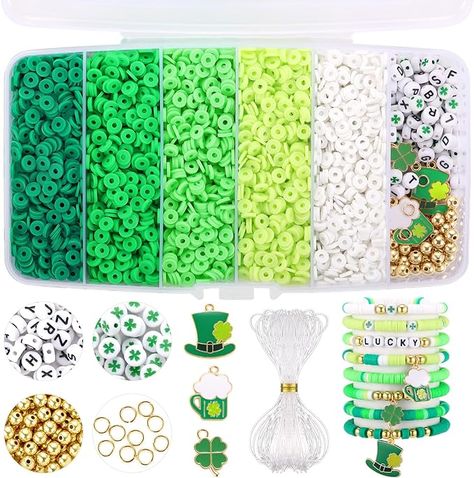 Funtopia 5100+ Pcs St. Patrick's Day Clay Beads Bracelet Making kit, Green Heishi Beads Polymer Clay Beads for Jewelry Making, Friendship Bracelet Kit with Gold Beads Letter Beads for Girls Adults Friendship Bracelet Kit, Beads Kit, Beads Polymer Clay, Beads For Bracelets, Bracelet Making Kit, Alphabet Charms, Bracelets Friendship, Flat Beads, Bracelet Kit