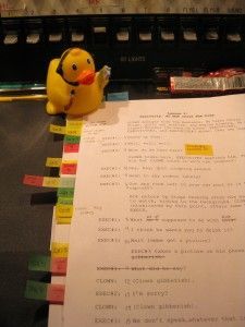 SMs make a prompt book, which is color coded down to the last detail. This is an example (plus a very cute SM rubber duck). Jonathan Owens, Tech Theatre, Stage Management, Theatre Classroom, Technical Theatre, Teaching Theatre, Stage Crew, Theatre Education, Stage Manager