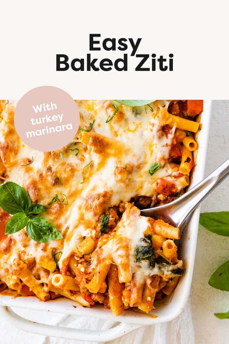 This easy baked ziti is comforting, delicious and perfect for feeding a crowd! It combines tender ziti noodles and vegetables with a ground turkey marinara sauce all topped with mozzarella cheese. Baked Ziti Turkey Meat, Healthy Baked Ziti Recipe Ground Turkey, High Protein Baked Ziti, Low Calorie Baked Ziti, Baked Ziti With Ground Beef No Ricotta, Easy Baked Ziti, Ziti Pasta, Comfort Pasta, Baked Ziti Recipe