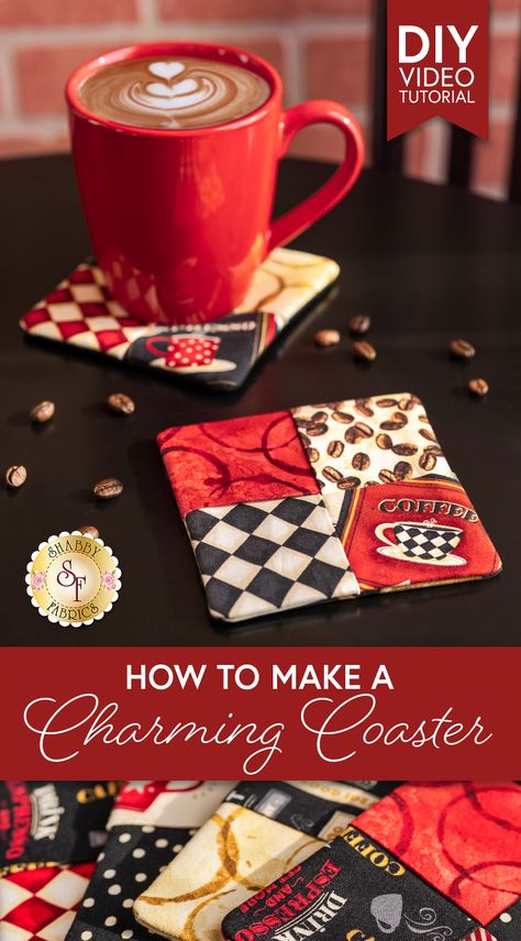 Sip your hot cocoa and cozy up by the fireplace as Jen shares how to make these adorable Charming Coasters using 5" squares. This beginner-friendly project is perfect for gift-giving or simply adding a personal, handmade touch to your home! Sewing Mug Rugs Free Pattern, Scented Mug Coasters, Mug Cozies Fabric, Easy Mug Rugs Patterns Free How To Make, Small Christmas Gifts To Sew, How To Make Fabric Coasters, Quilted Coasters How To Make, Small Quilted Gifts To Make, Quilted Coasters Patterns Free