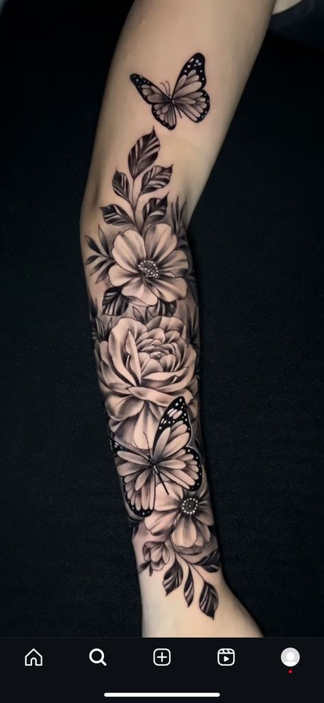 Side Of Arm Tattoo, Half Sleeve Flower Tattoo, Butterfly Sleeve Tattoo, Half Sleeve Ideas, Women Sleeves, Black And White Flower Tattoo, Sleeves Tattoos, Inspiring Quote Tattoos, Outer Forearm Tattoo