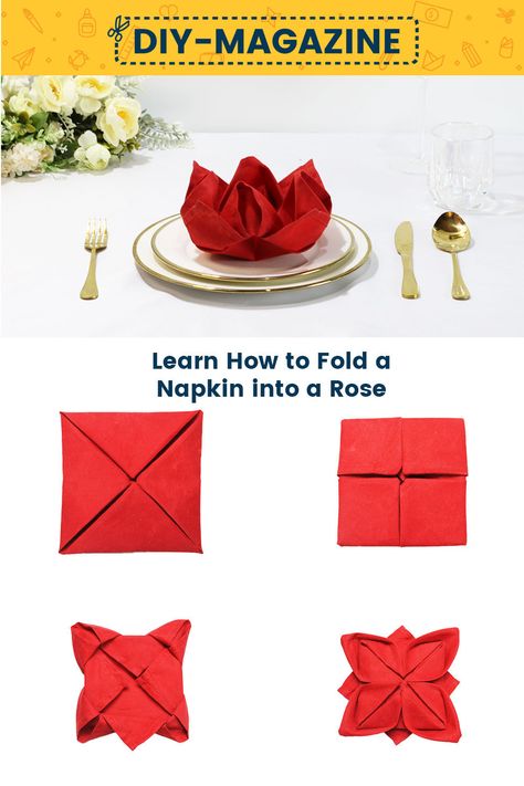 How to fold a napkin into a Rose Fabric Napkin Folding Ideas, Table Napkin Folding Step By Step, Flower Napkin Folding, Flower Napkin Fold, How To Fold Napkins Fancy, Napkin Folding Rose, Rose Napkin Fold, Napkin Folding Flower, Ways To Fold Napkins