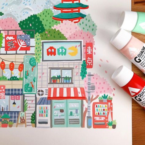 Holbein Acryla Gouache, Tokyo Drawing, Holbein Gouache, Travel Illustration Art, Gouache Ideas, Gouache Sketchbook, Mini Sketchbook, Acryla Gouache, Modern Folk Art