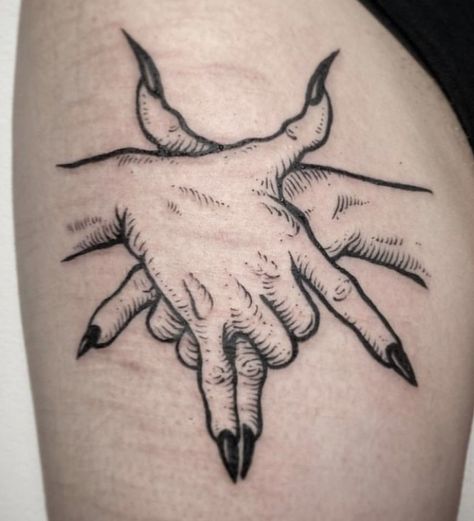 Hand Demon Tattoo, Finger Touch Tattoo, Subtle Satanic Tattoo, Vampire Hand Tattoo, Inverted Pentagram Tattoo, Dark Sign Tattoo, Satanic Tattoo Design Ideas, Occult Tattoo Ideas, Antichrist Tattoo