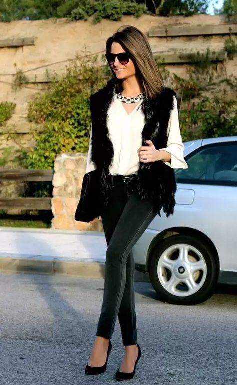 Fur Vest Outfits - 18 Chic Ideas On How to Wear a Fur Vest Black Fur Vest Outfit, Faux Fur Vests Outfits, Fur Vest Outfits, Vest Outfits For Women, Black Fur Vest, Fur Gilet, Winter Shopping, Faux Fur Vest Black, Vest Outfit