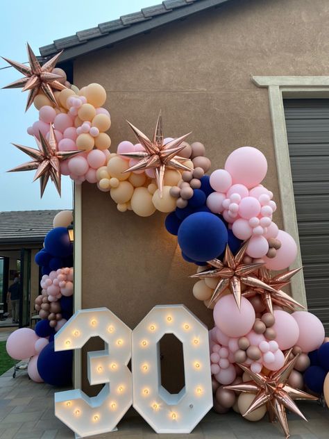 Balloon Decorations 30th Birthday, Pink And Navy Balloon Garland, 30th Birthday Balloon Garland, Navy And Pink Party, Navy Balloon Garland, Birthday Marquee, Picnic Brunch, Marquee Numbers, 30th Birthday Balloons