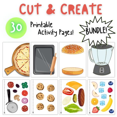 Give your kids the opportunity to create a culinary masterpiece with a pair of scissors and a glue stick! Included in this purchase are 15 Sets Of Printable Cut & Create Food Assembly Pages (30 Total Pages). Just download & print! 8.5 x 11 -4 PDF Files Activity pages are made to be printed in color and may be printed on a home printer or at a print shop. Consider printing on cardstock and/or laminating sheets for long-lasting play! Please note that this purchase is a digital PDF file and nothing physical will be mailed to you! The PDF files will be available for download immediately following purchase. Print unlimited copies for personal use only! Please do not resell these images or re-share these images online. All rights are reserved by the artist and may not be reproduced. Thank you so Doll Printables Food, Play Food Printables, Paper Toys Template Kitchen, Preschool Food Crafts, Restaurant Pretend Play Free Printables, Minitures Printable Food, Printable Paper Toys Templates, Diy Cardboard Toys, Cardboard Crafts Kids