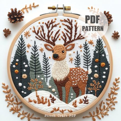 DESCRIPTION Discover the beauty of nature with this Deer in Forest Hand Embroidery Pattern! Perfect for nature lovers and embroidery enthusiasts, this design captures a serene woodland scene. Create stunning hoop art featuring a majestic deer amidst evergreen trees. Instantly downloadable, this pattern makes embroidery stitching enjoyable and accessible. Let's stitch and bring this enchanting forest to life! YOUR DOWNLOAD INCLUDES: ~ Printable PDF pattern in 6 sizes: 3,4,5,6,7 and 8 inches, givi Reindeer Embroidery Pattern, Forest Embroidery Pattern, Rudolph Embroidery, Winter Embroidery Patterns, Embroidery Reindeer, Embroidery Woodland, Moose Embroidery, Embroidery Forest, Woodland Embroidery