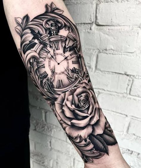 Clock Tattoo With Roses, Birth Clock Tattoo, Beans Tattoo, Clock Tattoo Ideas, Clock And Rose Tattoo, Dad Tattoo, Clock Tattoo Design, Forarm Tattoos, Tattoo Ideas For Men