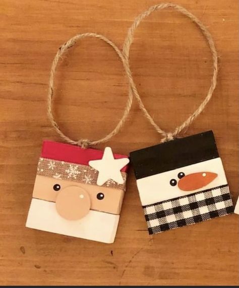 Jenga Block Santa Ornaments, Ornaments From Jenga Blocks, Diy Snowmen Ornaments Ideas, Block Ornaments Wooden, Jenga Block Ornaments Diy Dollar Tree, Crafts With Jenna Blocks, Jenga Ornament Ideas, Wooden Block Ornaments Diy, Jenna Block Ornaments