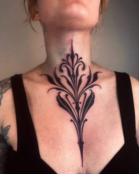 Black ornament 🌚 thanks for coming all the way from Berlin Lydia 💕 done with Magic Moon Tattoo Needles from… | Instagram Chest Neck Tattoo, Throat Tattoo, Torso Tattoos, Back Of Neck Tattoo, Tattoos For Lovers, Chest Tattoos For Women, Ornamental Tattoo, Tattoo Needles, Tattoo Project