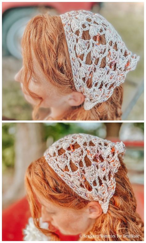 Bandana Kerchief Free Crochet Patterns - DIY Magazine Lacy Crochet Bandana, Crocheted Head Scarf Pattern, Crochet Hair Cover, Crochet Head Kerchief Free Pattern, Crochet Head Covering Pattern, Crochet Beach Accessories, Hair Scarf Crochet, Crochet Kerchief Pattern Free, Crochet Head Scarf Pattern Free