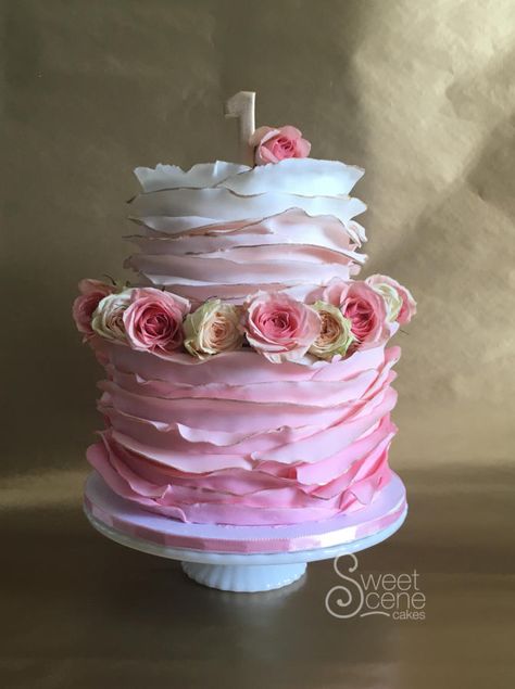 Pink Ombre Ruffles and Gold - Cake by Sweet Scene Cakes #pinkandgold #pinkombre #firstbirthdaycake #pinkandgoldcake Buttercream Ruffle Cake, Fondant Ruffles, Pink Buttercream, Pink First Birthday, Paris Cakes, 13 Birthday Cake, Tiny Cakes, Ruffle Cake