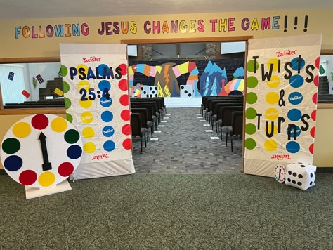 Board Game Vbs, Twist And Turns Vbs 2023, Twist And Turns Vbs, Vbs Diy, Church Game Night, Game Vbs, Sunday School Themes, Game Night Decorations, Kids Church Decor