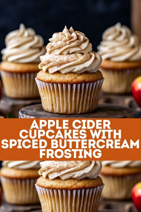 Just baked these delicious Apple Cider Cupcakes with Spiced Buttercream Frosting! 🍎🧁 Warm, cozy flavors of apple cider and cinnamon make these a fall favorite! #AppleCiderCupcakes Apple Cider Frosting, Holiday Cupcakes Thanksgiving, Thanksgiving Cupcake Recipes, Holiday Cupcake Recipes, Fall Cupcake Flavors, Fall Cupcakes Decoration, Cupcakes For Fall, Fall Cupcakes Recipes, Creative Cupcake Recipes