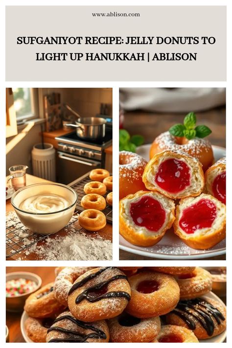 Sufganiyot filled with jelly, dusted with powdered sugar, served alongside dough and frying process. Sufganiyot Recipe, Jelly Donuts, Jewish Stuff, Filled Donuts, How To Celebrate Hanukkah, Delicious Donuts, Fruit Jelly, Cooking Instructions, Instant Yeast