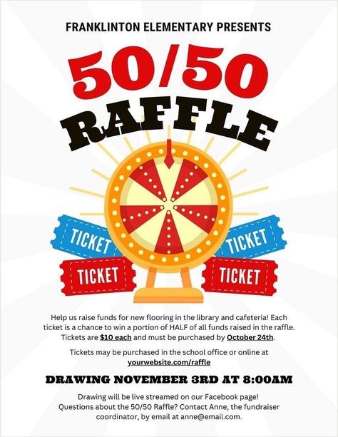 Simplify your fundraising efforts with our easy-to-follow 50/50 raffle blueprint. From initial planning to the final draw, we guide you through every step. Learn how to set achievable targets, engage your audience, and ensure a smooth, successful fundraiser. Suitable for all types of fundraising events, especially school and community-driven causes. Easy Raffle Ideas, Raffle Fundraising Ideas, Fundraising Ideas For School, Best Fundraising Ideas, Raffle Fundraiser, Raffle Flyer, 50 50 Raffle, School Donations, Pta Fundraising