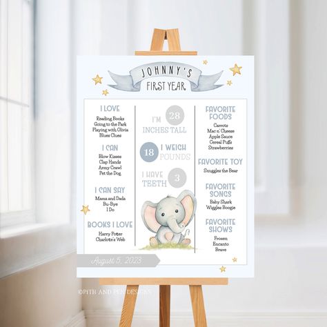 Birthday Signage, First Birthday Milestone Board, Baby Handprint Crafts, Baby Handprint Art, Birthday Party Poster, Elephant Printable, First Birthday Milestone, Birthday Milestone Board, Birth Poster