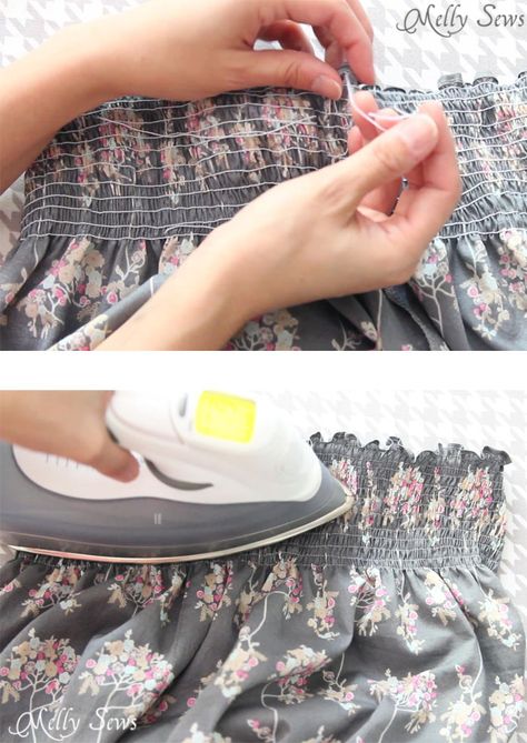 How to sew elastic thread - How to shirr woven fabrics using elastic thread - Melly Sews Shirring By Hand, How To Sew In Elastic, How To Sew Elastic, Sewing With Elastic Thread, Sew Elastic To Fabric, How To Do Shirring, How To Use Elastic Thread, How To Shirring Fabric, How To Sew Shirring Elastic