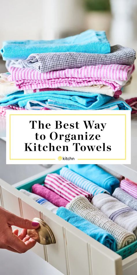 Kitchen Towels Storage, Marie Kondo Organizing, Kitchen Towels Hanging, Organize Kitchen, Folding Towels, Turquoise Kitchen, Flour Sack Kitchen Towels, Towel Organization, How To Fold Towels