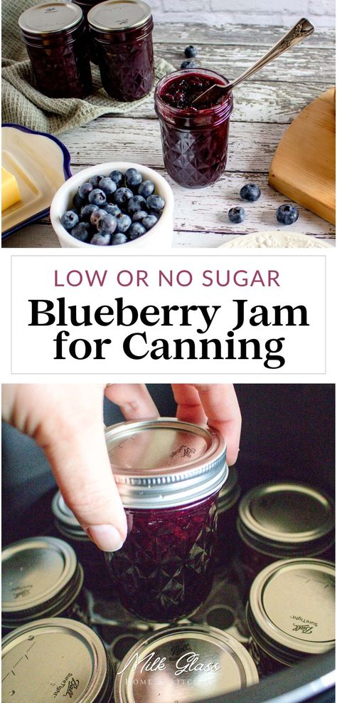 If you have a pile of fresh blueberries you don't want to go bad, preserve them for later by making this low sugar blueberry jam! You can actually make this jam completely sugar-free or add just a little sugar to taste. It's the perfect way to preserve the harvest without making your teeth hurt! Sugar Free Jam Recipes For Canning, Low Sugar Blueberry Jam Recipe, Low Sugar Blueberry Jam, Sugar Free Blueberry Jam, Jam For Canning, Jam Blueberry, Blueberry Rhubarb Jam, Homemade Blueberry Jam, Canning Jams