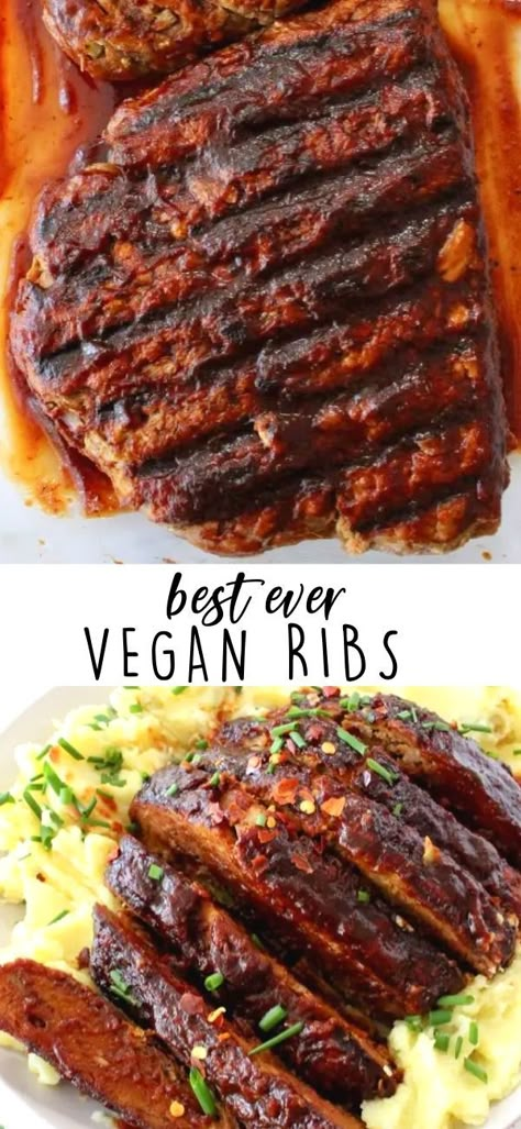 The best vegan ribs made with tender meaty jackfruit, wheat gluten and all the traditional smoky barbecue spices. These meatless ribs are sure to impress even the pickiest meat eaters, a must make on your griddle, in the oven or your outdoor grill! No oil recipe. Jackfruit Ribs Vegan Recipes, Vegan Meat Replacements, Vegan Ribs Recipe, Jackfruit Ribs, Seitan Ribs, Recipes No Meat, Viking Recipes, Vegan Grill, Burger Vegetarian