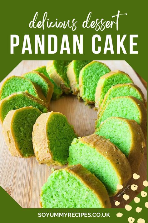 Made with natural pandan leaves and coconut milk, this Pandan Cake recipe is a combo that will make your mouth water. This family recipe is tried, tested, and absolutely delicious! Enjoy the recipe! Pandan Pound Cake, Pandan Bundt Cake, Vegan Pandan Cake, Pandan Recipe Sweets, Coconut Pandan Cake, Pandan Cake Recipe, Pandan Cupcakes, Pandan Dessert, Buko Pandan Recipe