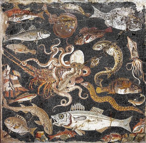 Polychrome mosaic emblema (panel) showing fish and sea creatures (100–1 BC), Pompeii © Museo Archeologico Nazionale di Napoli Lawrence Alma Tadema, Creature Marine, Fauna Marina, Roman Mosaic, Roman Art, 1st Century, Art Antique, Last Supper, Arte Animal