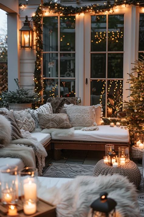 Get your outdoor space ready for the holidays with creative Christmas garden decor ideas! From twinkling lights to festive ornaments, you can transform your backyard or patio into a winter wonderland. Explore unique decoration styles that capture the joy of the season. Setting up charming display options like Christmas trees, garlands, and wreaths can make your garden feel warm and inviting. This season, let your creativity shine while celebrating the spirit of Christmas outdoors. Make your outdoor areas festive and magical! Christmas Lights On Patio, Winter Garden Aesthetic, Winter Patio Decor, Christmas Deck Decorating Ideas, Christmas Garden Decor, Winter Backyard, Winter Patio, Winter Garden Party, Christmas Outdoors