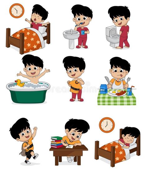 Set of daily cute boy.Boy wake up,brushing teeth,kid pee,taking. A bath,dressed up,breakfast,kid learning,kid sleep.vector and illustration vector illustration Daily Routine Kids, Kid Sleep, Daily Routine Activities, Brush Teeth Kids, Boy Boy, Taking A Bath, Kid Character, Breakfast For Kids, Kids Sleep