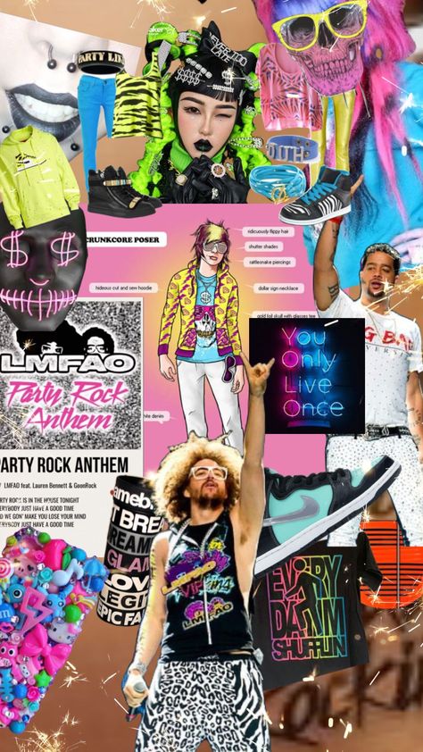 Lmfao Party Rock Aesthetic, Lmfao Party Rock, Emo Night, Party Mood Board, Shutter Shades, Rock Aesthetic, 90s Theme, Rave Fashion, Party Rock