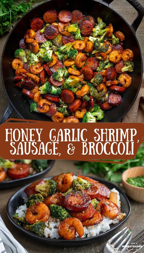 Honey Garlic Shrimp, Sausage, and Broccoli is shrimp, kielbasa, and tender broccoli coated in a sweet and savory honey garlic sauce with a hint of spice. I serve it over a bed of fluffy white rice for a flavorful and satisfying meal! Kielbasa And Shrimp, Meals With Shrimp And Rice, Shrimp Side Dishes Recipes, Good Shrimp Recipes, Kielbasa Shrimp Recipes, Keto Kielbasa Recipes, Fall Shrimp Recipes, Shrimp And Kielbasa Recipes, Kielbasa Meals