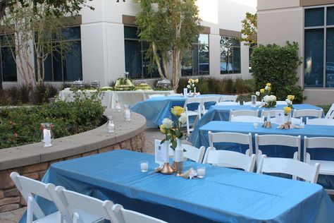 celebration-of-life ideas Celebration Of Life Party, Celebration Of Life Ideas, Memorial Service Decorations, Simple Table Decorations, Backyard Celebration, Memory Table, Blue Tablecloth, Small Centerpieces, Daniel Tiger