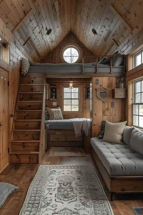 Loft With Pull Down Stairs, Lofted Cabin Ideas Tiny House, Stone Cabin Interior, Bunkhouse Ideas Guest Cabin, Lofted Living Room, Mini Cabin Ideas, Spacious Tiny House, House On The Sea, Tiny House Remodel