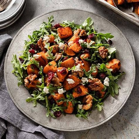 Fall Sweet Potato Salad, Arugula Fall Salad, Arugula Salad Fall, Harvest Salad With Sweet Potato, Sweet Potato Burrata Salad, Sweet Potato Arugula Salad, Arugula Sweet Potato Salad, Potato And Arugula Salad, Arugula And Sweet Potato Salad